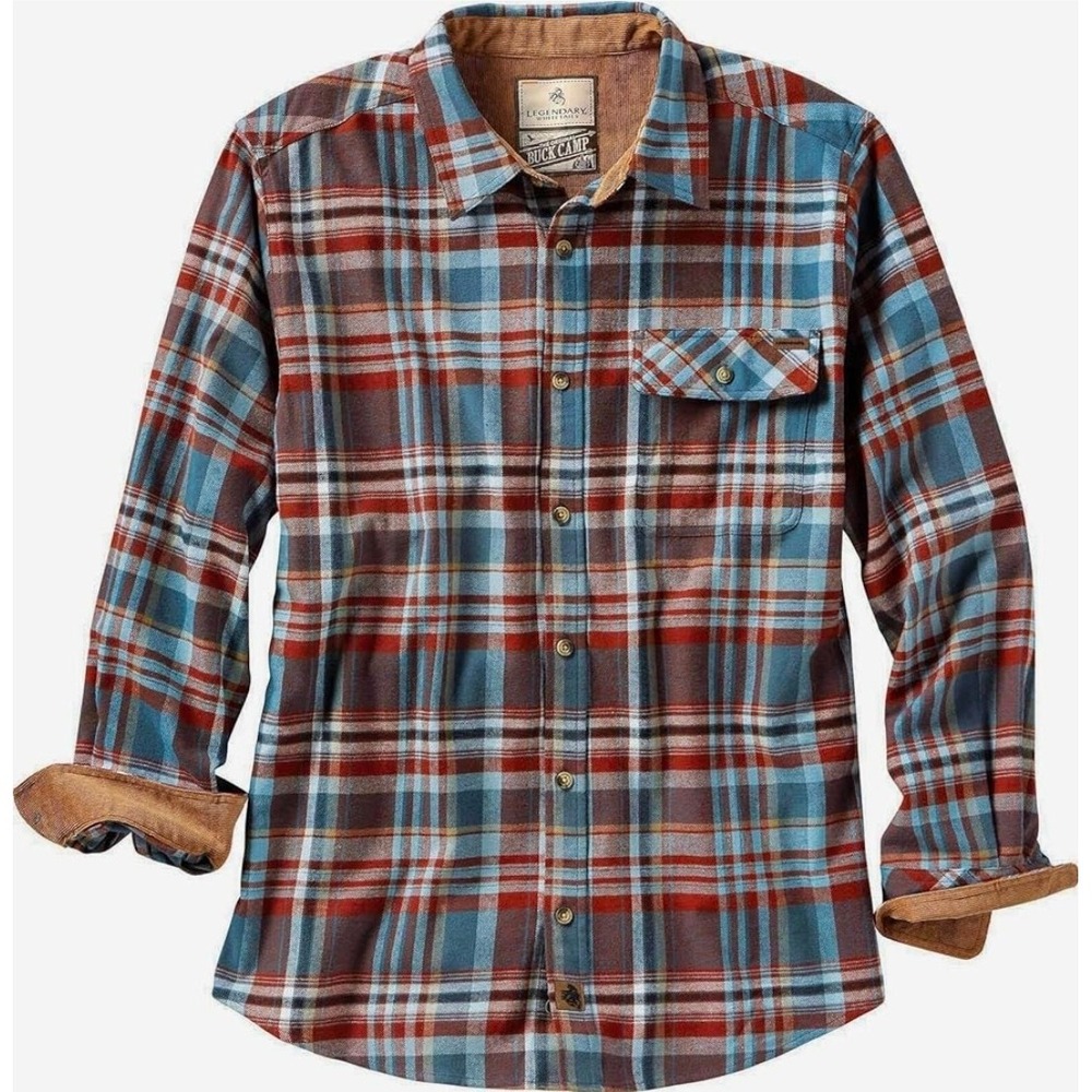 Legendary Whitetails Mens Buck Camp Flannel Shirt Plaid Cotton Blue Red 6464 LRG